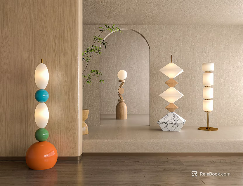 Colorful Modern Floor Lamps With Geometric Shapes And Marble Base In Interior 3d model 