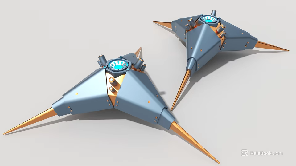 Blue Industrial Equipment Mechanical Structure With Gold Metal Spikes And Circular Control Units 3d model 