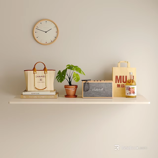 Stylish Decorative Accessories Collection With Wall Clock Leather Handbag Potted Plant And Vintage Radio 3d model 