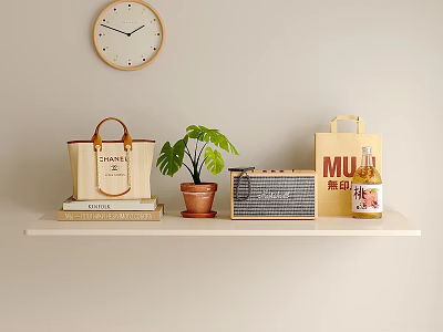 Stylish Decorative Accessories Collection With Wall Clock Leather Handbag Potted Plant And Vintage Radio 3d model