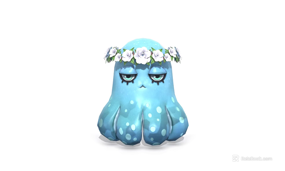Cute Blue Octopus Character With White Flower Crown Sad Expression And White Spots 3d model 