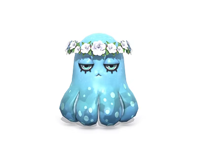 Cute Blue Octopus Character With White Flower Crown Sad Expression And White Spots 3d model