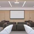 Modern Lounge Area Interior Design With Bookshelf Brown Sofas Tables Chairs Projector And Window 3d model