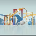 3D Typography with Colorful Geometric Shapes Curves Spheres and Step Structures on Light Blue Background