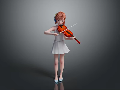 Girl playing violin in white dress wearing headphones with pink hair and gray background 3d model