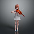 Girl playing violin in white dress wearing headphones with pink hair and gray background