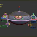 Blue Flying Saucer With Dome Yellow Spire And Side Thrusters Lights