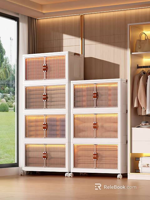 Organized Clothes In White Bamboo Drawer Cabinet With Wooden Frame Hanging Section And Warm Lighting 3d model 