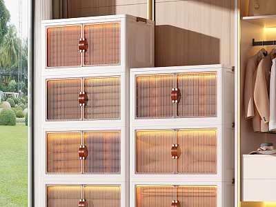 Organized Clothes In White Bamboo Drawer Cabinet With Wooden Frame Hanging Section And Warm Lighting 3d model