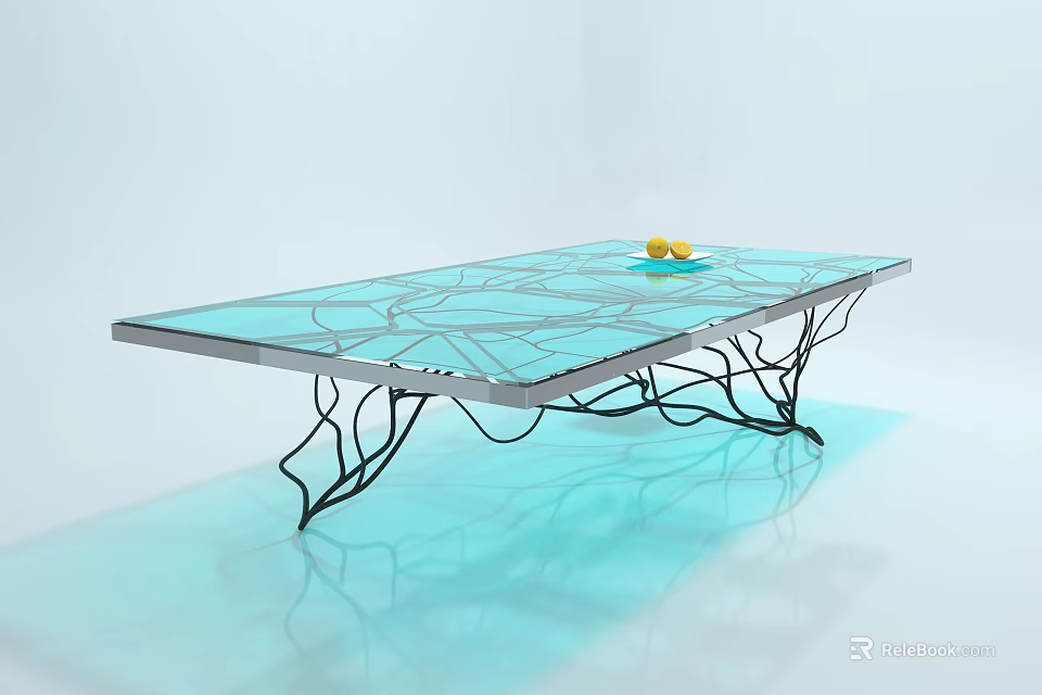 Glass Coffee Table With Black Metal Wire Legs And Yellow Fruits On Top 3d model 