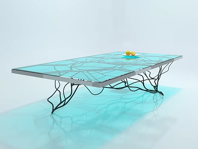 Glass Coffee Table With Black Metal Wire Legs And Yellow Fruits On Top 3d model