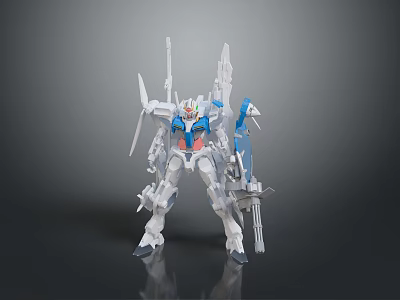 White And Blue Mecha Robot Model With Winged Armor And Weapon Parts 3d model
