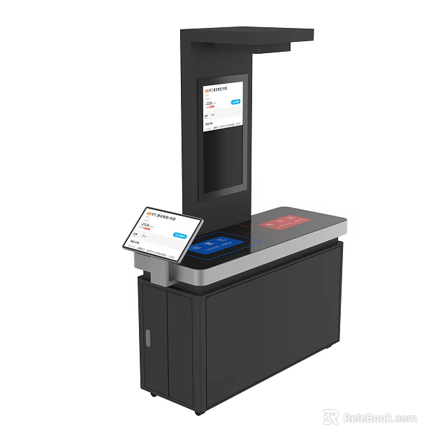 Modern Commercial Self Service Kiosk With Dual Screens And Red Operation Panel 3d model 