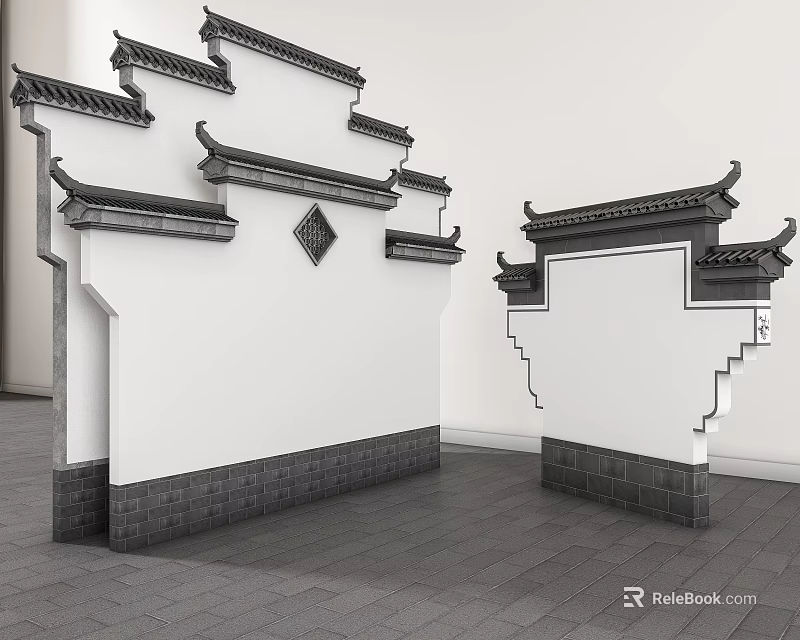 Traditional Chinese Architectural Components With White Walls Black Tile Eaves And Gray Base 3d model 