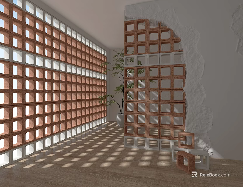Red Brown Wooden Grid Partition In Interior With Sunlight Shadows White Wall And Wooden Floor 3d model 