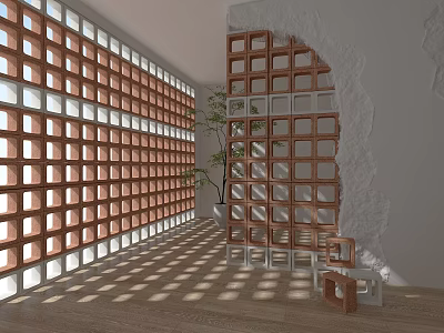 Red Brown Wooden Grid Partition In Interior With Sunlight Shadows White Wall And Wooden Floor 3d model