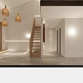 Hotel Guest Room With Round Wooden Bathtub Bamboo Pendant Lights Stone Wall And Wooden Stairs
