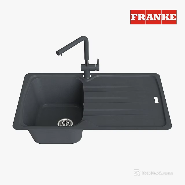 Black Single Bowl Kitchen Sink With Faucet And Striped Drainer Surface 3d model 