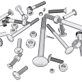Various Hardware Tools With Silver Metal Bolts Nuts And Screws On White Background 3d model
