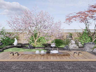 Karesansui Garden With Cherry Blossom Red Maple Trees Bamboo Fence Wooden Platform And Tea Set 3d model