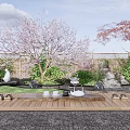 Karesansui Garden With Cherry Blossom Red Maple Trees Bamboo Fence Wooden Platform And Tea Set