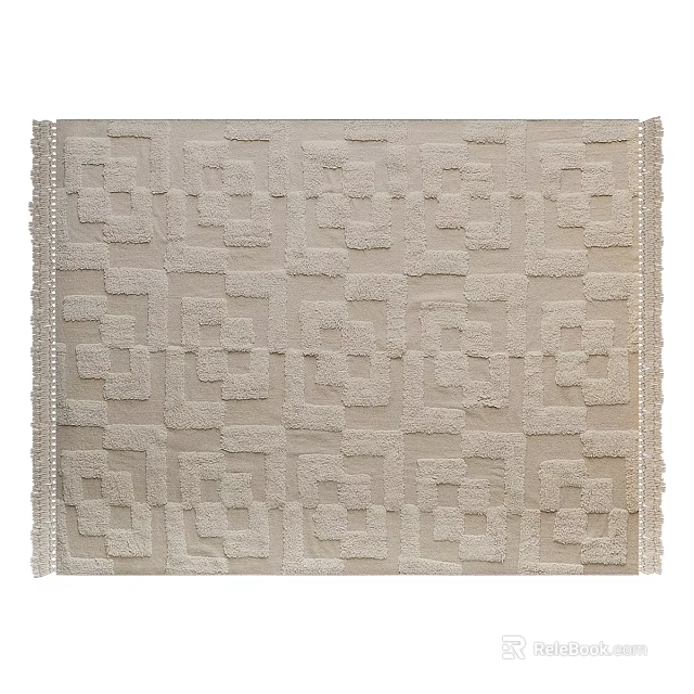Light Beige Square Area Rug With Geometric Pattern Textured Design And Fringed Edges 3d model 