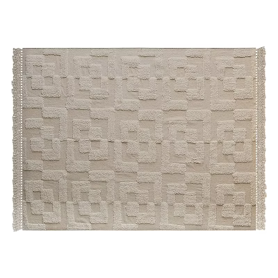 Light Beige Square Area Rug With Geometric Pattern Textured Design And Fringed Edges 3d model