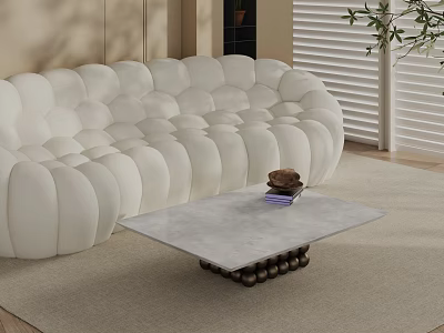 Marble Top Coffee Table with White Bubble Sofa and Green Plant on Rug 3d model