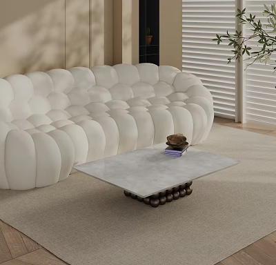 Marble Top Coffee Table with White Bubble Sofa and Green Plant on Rug 3d model