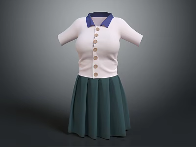 Stylish White Short Sleeve Blouse With Blue Collar Buttons And Green Pleated Skirt 3d model