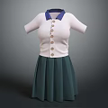 Stylish White Short Sleeve Blouse With Blue Collar Buttons And Green Pleated Skirt