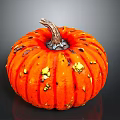 Vibrant Orange Pumpkin With Brown Stem And Yellow Black Spots On Reflective Black Background