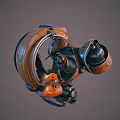 Orange Retro Futuristic Mechanical Device With Metal Wheels And Industrial Design