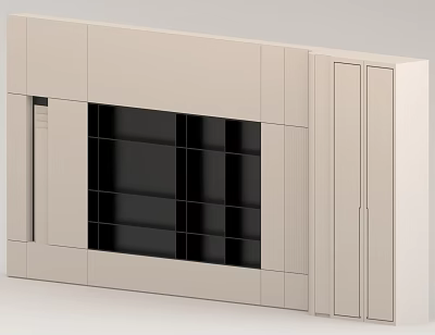 Modern Beige Wall Design With Storage Cabinets And Black Glass Panels 3d model