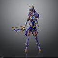 3D Female Character With Blue White Outfit Purple Hair Headpiece And Bow Weapon