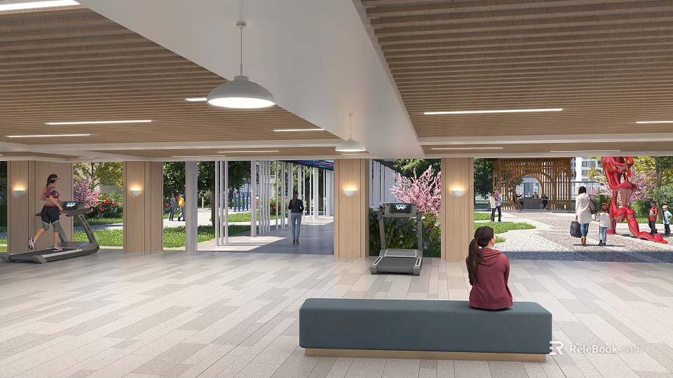 Residential Landscape Featuring Wooden Ceiling Pendant Lights Large Windows And Outdoor Greenery 3d model 