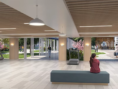 Residential Landscape Featuring Wooden Ceiling Pendant Lights Large Windows And Outdoor Greenery 3d model
