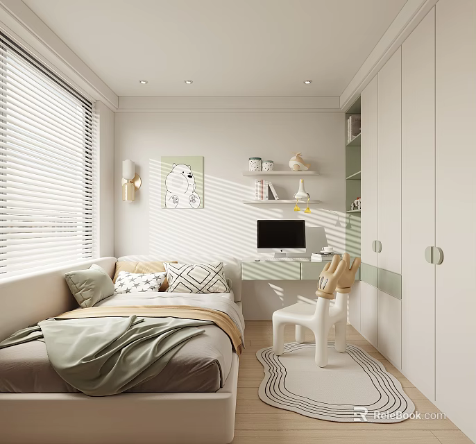 Cozy Kids Room With Bed Window Blinds Desk Chair Shelf And Rug 3d model 