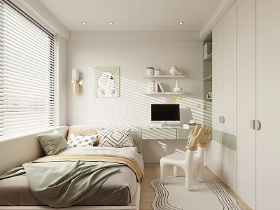 Cozy Kids Room With Bed Window Blinds Desk Chair Shelf And Rug 3d model