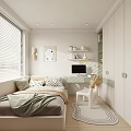 Cozy Kids Room With Bed Window Blinds Desk Chair Shelf And Rug
