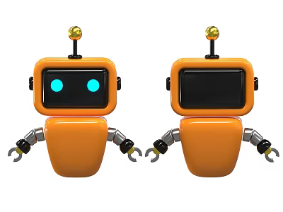 Two Orange Intelligent Robotic Machines With Yellow Antennas Blue Screen Eyes And Mechanical Arms 3d model
