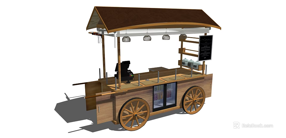 Wooden Mobile Food Cart with Brown Canopy Large Wheels Display Cases And Blackboard Menu 3d model 