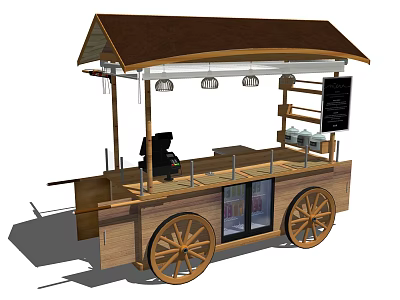 Wooden Mobile Food Cart with Brown Canopy Large Wheels Display Cases And Blackboard Menu 3d model