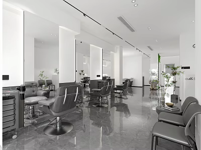 Modern Hair Salon Interior Design With Salon Chairs Mirrors And Polished Floors 3d model