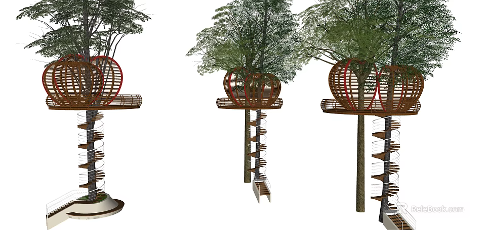 Unique Leafy Trees With Red Circular Platforms And Spiral Staircases Design 3d model 