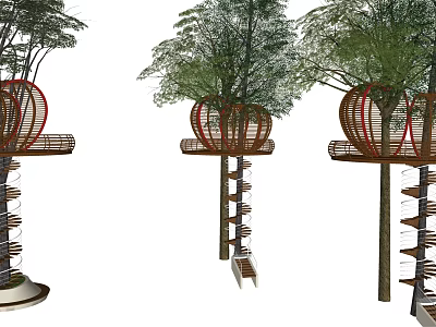 Unique Leafy Trees With Red Circular Platforms And Spiral Staircases Design 3d model