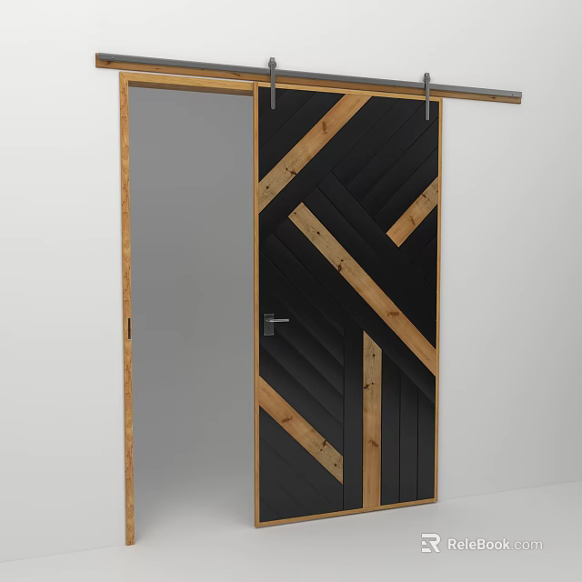Modern Sliding Door With Black Panel And Wooden Diagonal Accents Design 3d model 