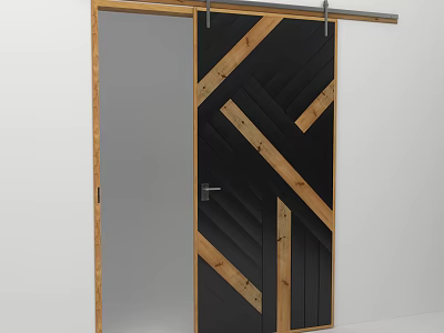Modern Sliding Door With Black Panel And Wooden Diagonal Accents Design 3d model