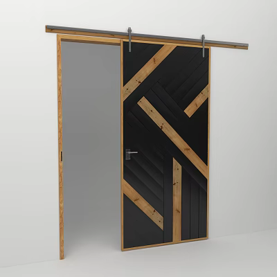 Modern Sliding Door With Black Panel And Wooden Diagonal Accents Design 3d model