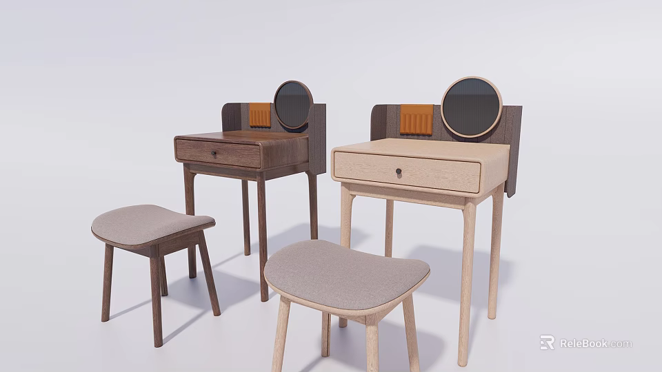 Two Wooden Dressing Tables With Round Mirrors And Upholstered Stools 3d model